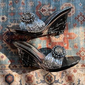 Chic Vintage Silver Beaded Wedge Sandals